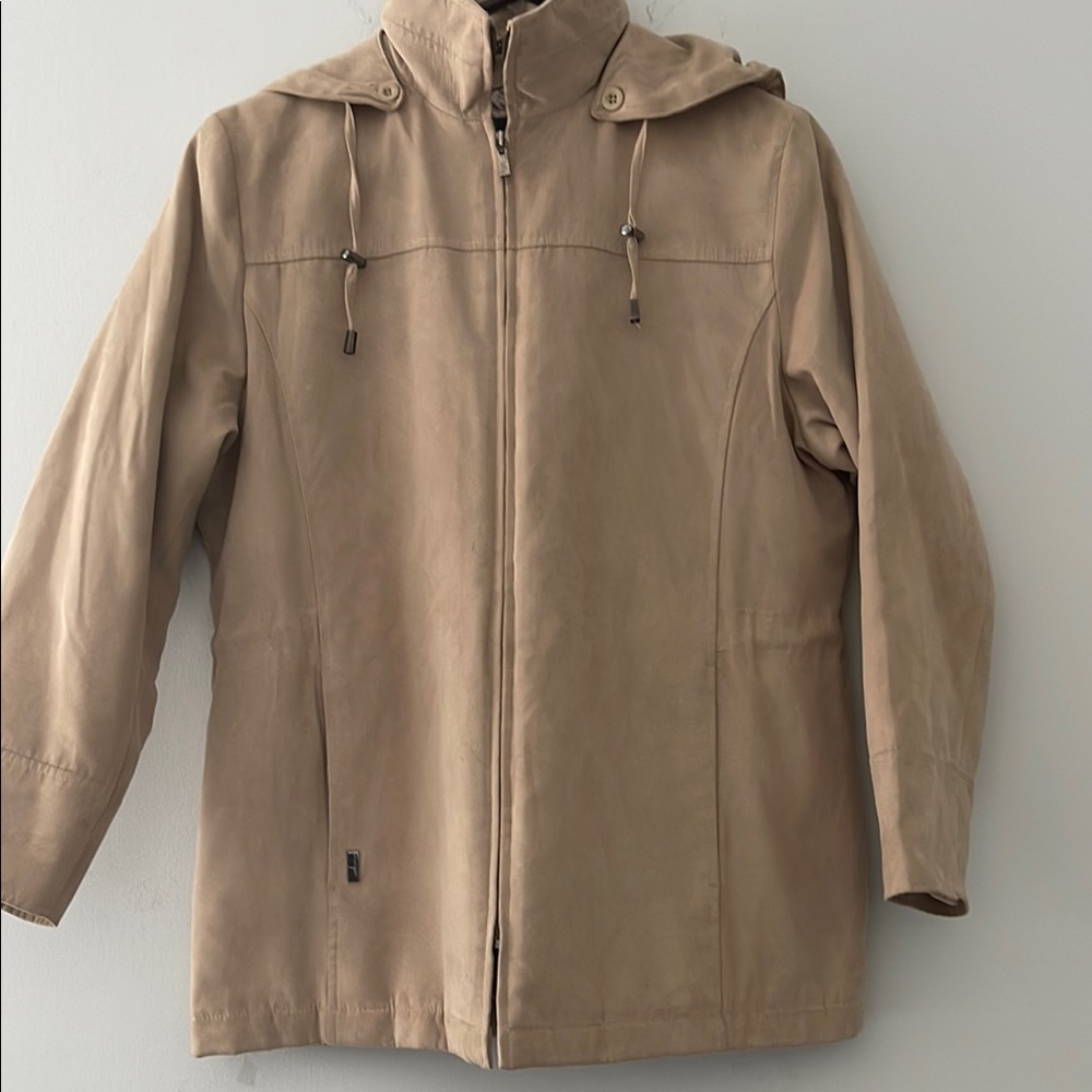 London Fog Tan Raincoat with Hood and High Collar